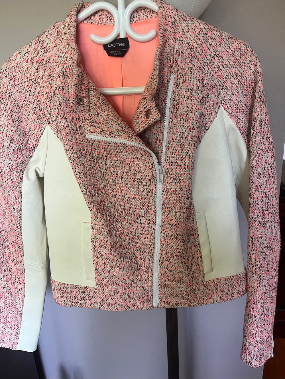 bebe Selena Multicoloured Boucle/Tweed Moto Jacket with Cream Faux Leather Panel